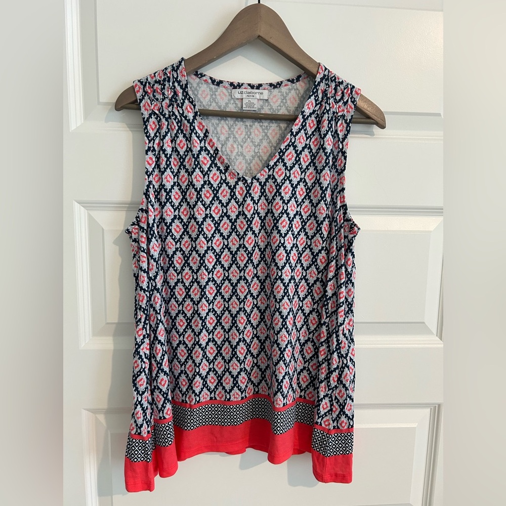 Liz Claiborne Petite Sleeveless Geometric Blouse Blue Coral Size PL